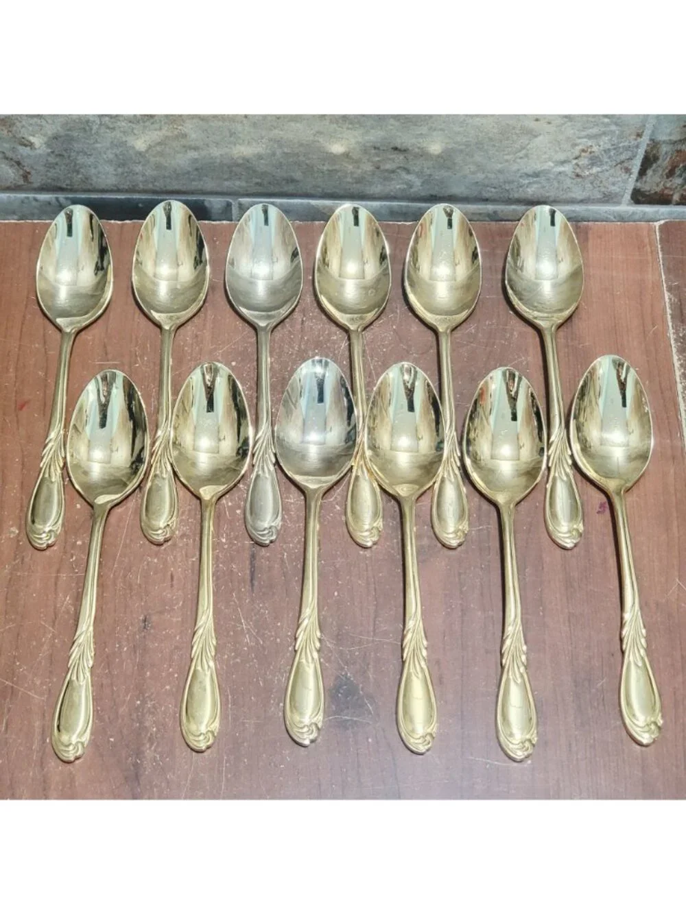36 Piece Classic Plume Gold Electroplated Flatware Marked Stainless Steel Korea
